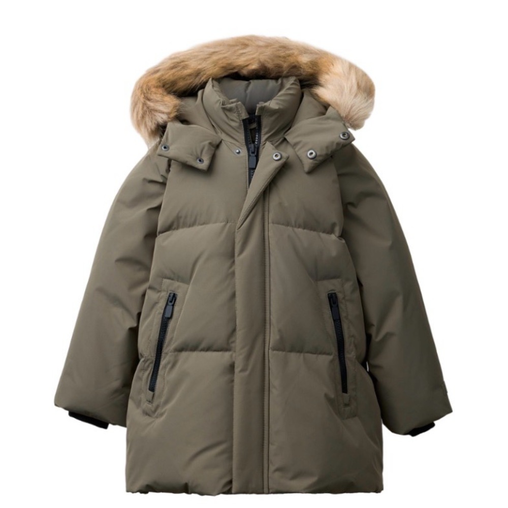 Zara NWOT Olive Green Puffer Coat with Faux Fur Hood